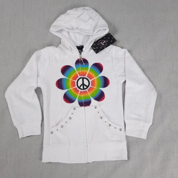 Flowers by Zoe Girls Hoodie 4 White Terry Zip Sweatshirt Rainbow Peace Y2K Retro - Picture 3 of 14